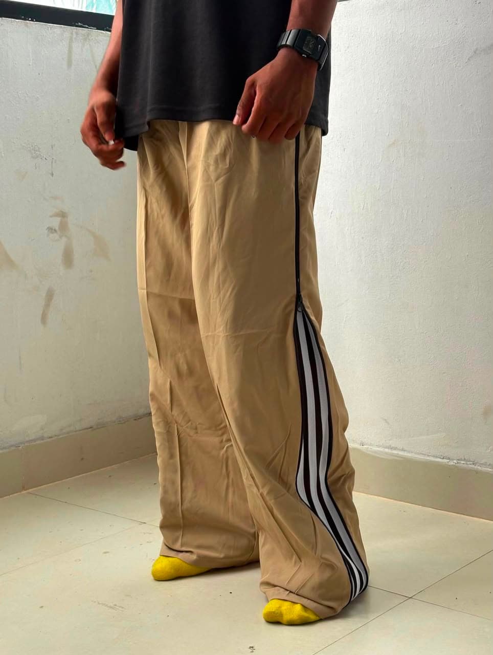 Beige Black Stripe Track Pants — track pants available at 2ND EXIT, Palakkad