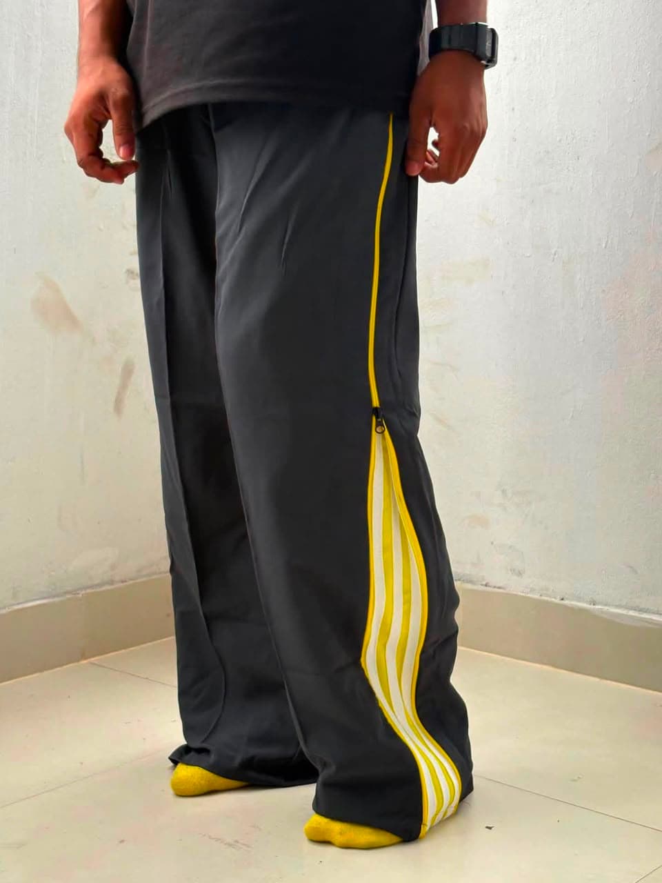 Charcoal Yellow Stripe Track Pants — track pants available at 2ND EXIT, Palakkad