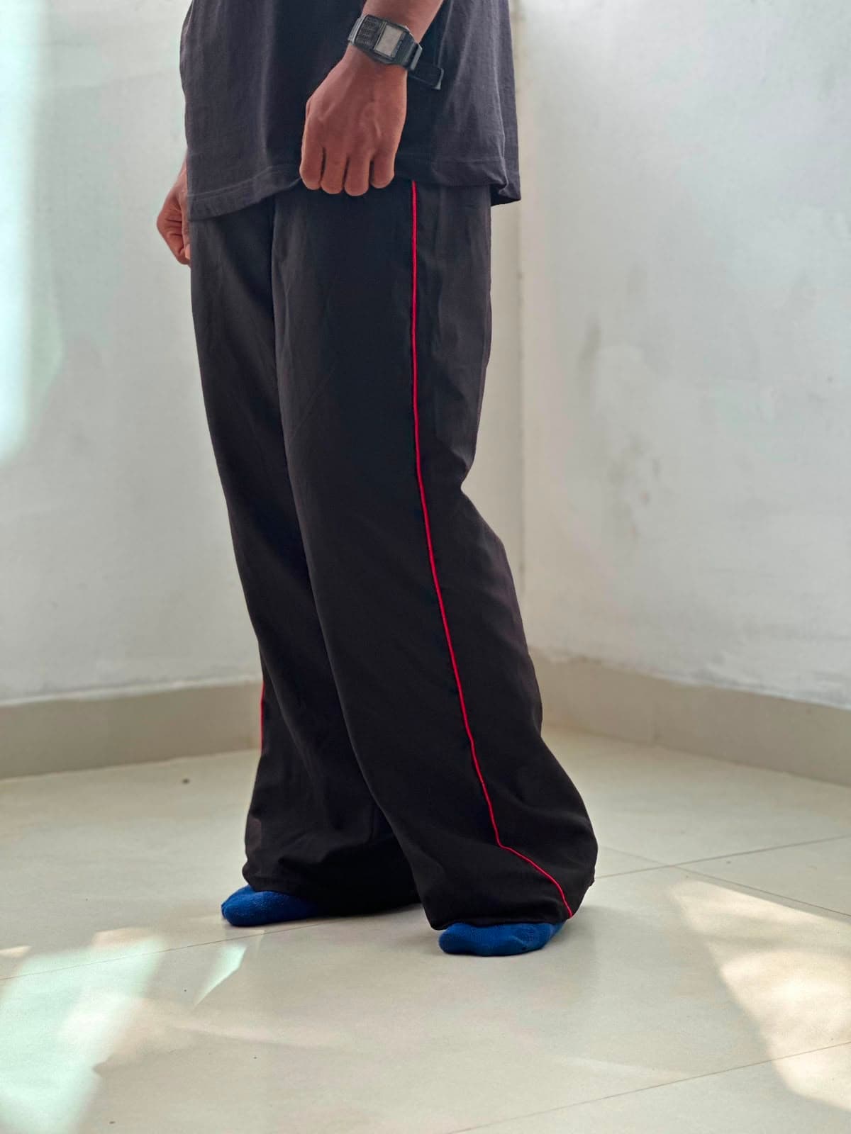 Black Piped Track Pants — track pants available at 2ND EXIT, Palakkad