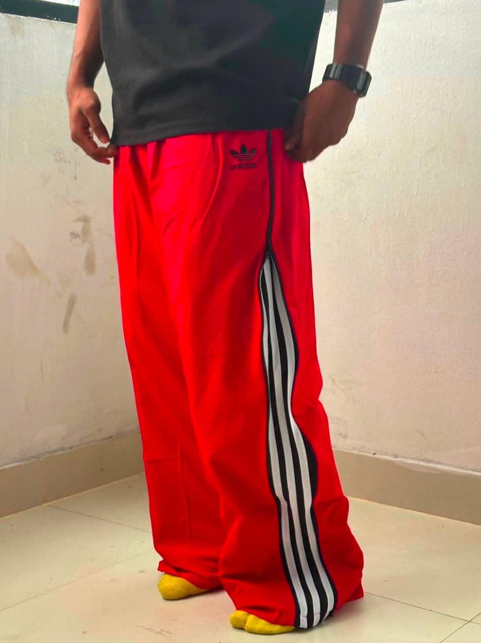 Red Three Stripe Track Pants — track pants available at 2ND EXIT, Palakkad